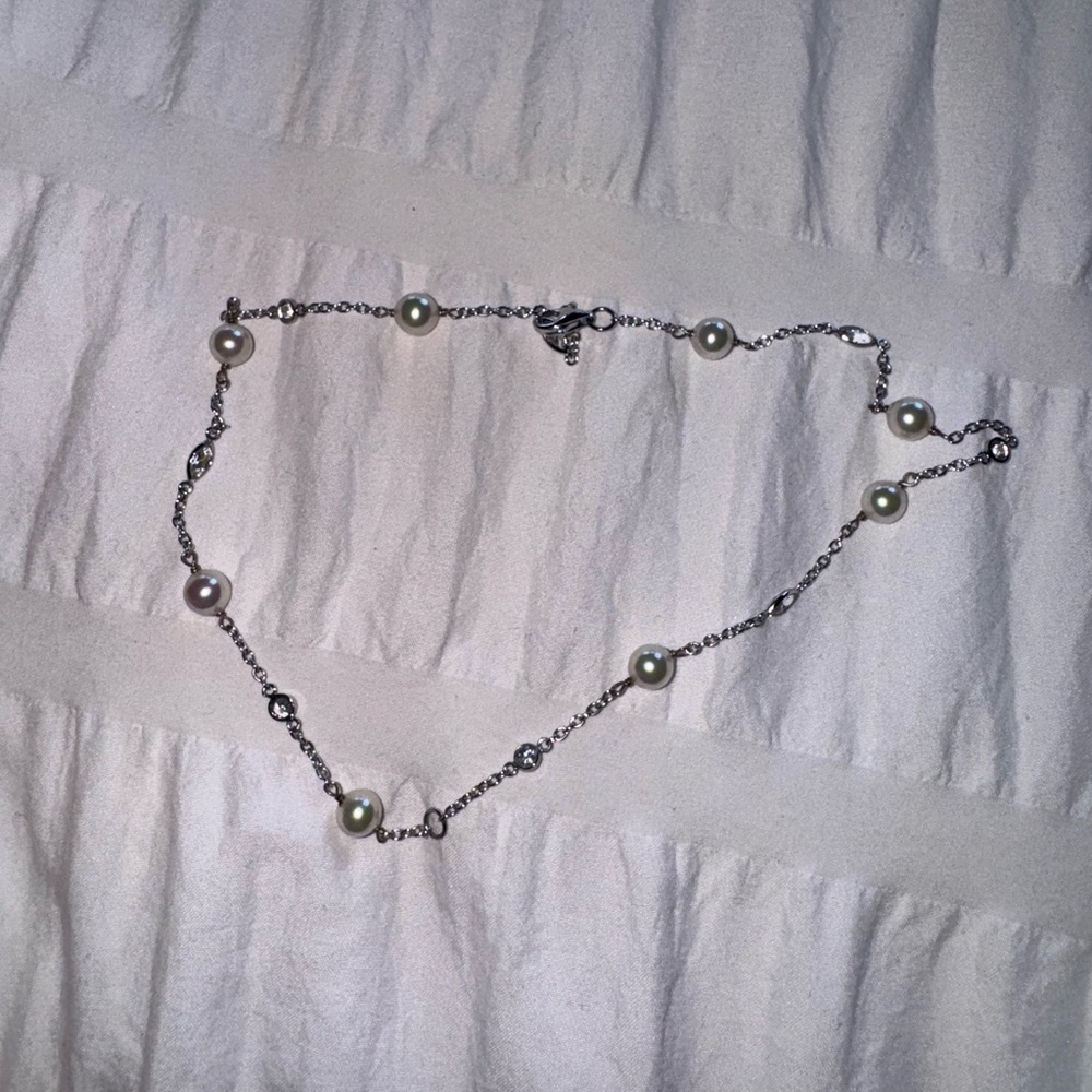 Delicate Pearl Station Silver Chain Necklace - White Pearls